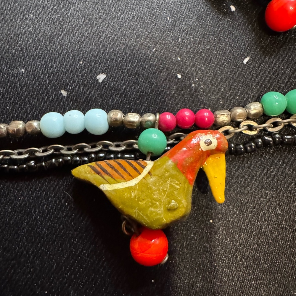 Colorful Beaded Necklace with Hand Painted Parrot Bird Charms